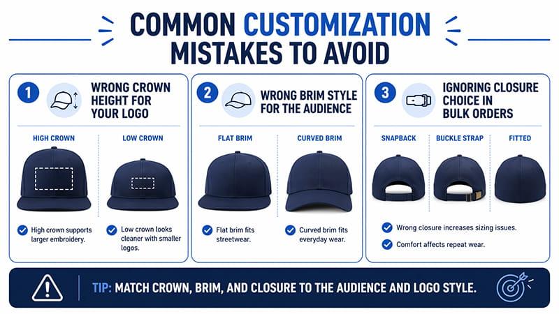 common cap customization mistakes infographic showing wrong crown height brim style and closure choice for logo fit and bulk orders