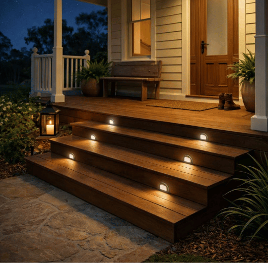 Recessed LED step lights installed along timber front porch stairs at night.