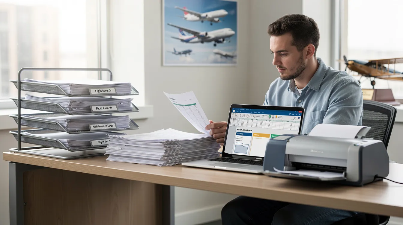 An aviation administrator is scanning and organizing paper records next to a laptop, focusing on effective records management to ensure compliance with regulatory requirements. The scene highlights the importance of accurate documentation and efficient processes in maintaining aviation safety and operational efficiency.