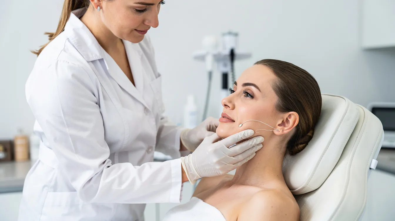 A doctor is examining a patient's jawline and neck, preparing for a non-surgical aesthetic treatment aimed at skin tightening. The assessment focuses on the patient's unique skin profile and involves discussing a customized treatment plan that may include the xerf treatment to stimulate collagen and improve skin firmness, while ensuring patient comfort and minimal downtime.
