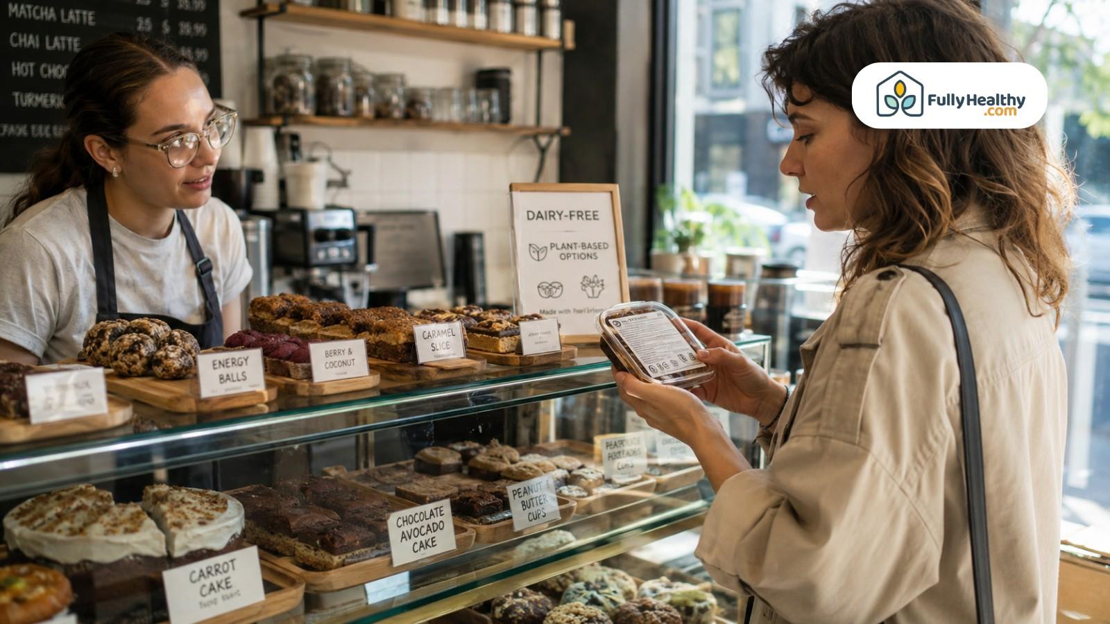 Customer reading dessert label while asking café server about dairy-free plant-based pastries
