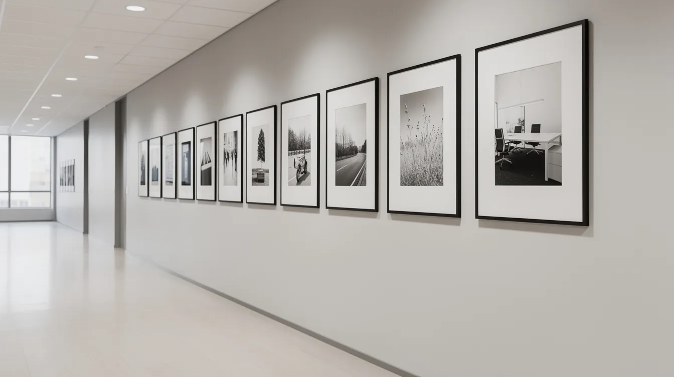 En kontorskorridor med en ljus vägg pryds av en serie inramade svartvita fotografier som hänger i en jämn rad, vilket skapar en inspirerande arbetsmiljö. Dessa tavlor till kontoret speglar företagets värderingar och kreativitet, och bidrar till en modern och stimulerande atmosfär.