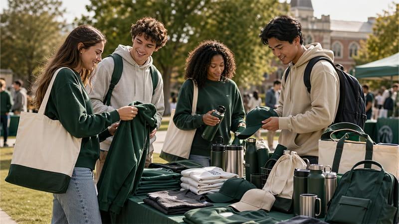 College students at a campus move-in event, browsing through a variety of college giveaways, including custom tote bags, hoodies, water bottles, and backpacks. The scene showcases students selecting their core identity items from a well-organized swag table, highlighting the essence of welcome week and orientation, as they prepare to share their new gear on social media.