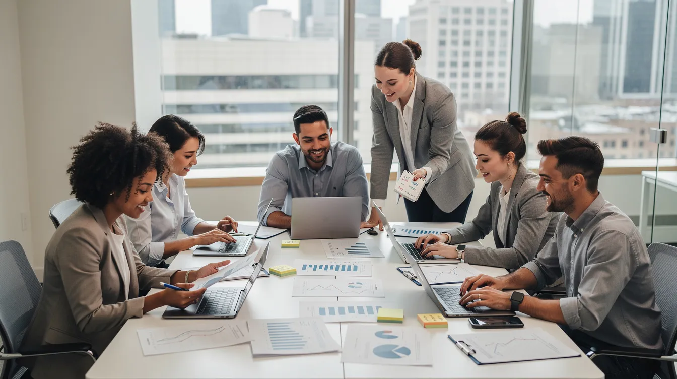 The image depicts a diverse team collaborating around a conference table, engaged with laptops and printed documents, exemplifying effective business process management and communication. This scene highlights the importance of teamwork in optimizing business processes through collaboration and the sharing of ideas.
