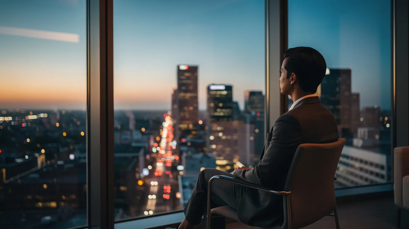 A professional individual dressed in formal attire sits alone by a large window, gazing pensively at a city skyline illuminated by the dusk light. This scene captures the essence of emotional exhaustion and the constant pressure faced by senior leaders, highlighting the need for mental health awareness and support in managing stress and preventing burnout.