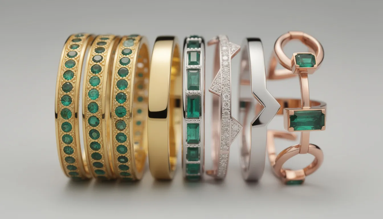 The image showcases a stunning collection of emerald bangles, featuring both classic and contemporary styles, crafted from precious metals and adorned with natural emeralds. Each bangle reflects timeless elegance, making them perfect for special occasions or as a statement piece in any jewellery collection.