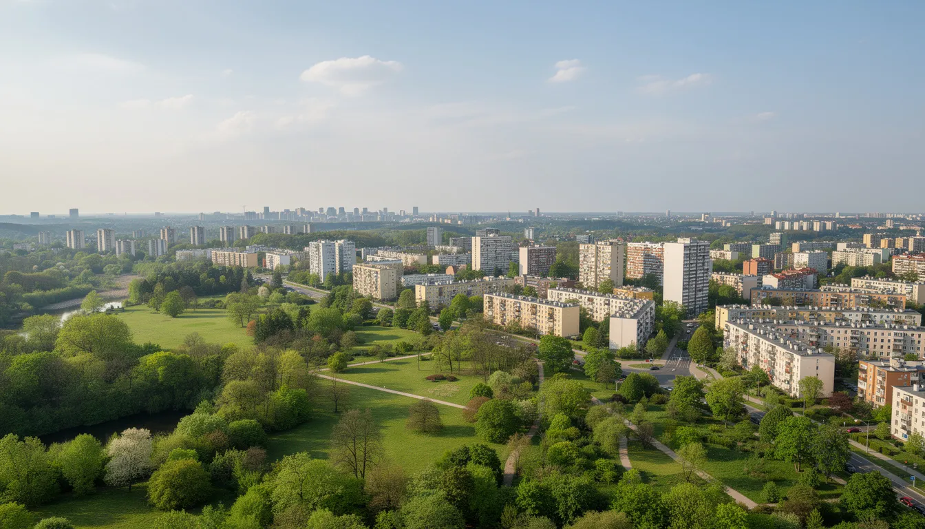 Panorama dzielnicy Bielany w Warszawie ukazuje zielone tereny oraz nowoczesną zabudowę mieszkaniową, co czyni ją jedną z najbardziej zielonych dzielnic Warszawy. Widok ten podkreśla znaczenie terenów zielonych w kontekście wyceny nieruchomości oraz atrakcyjności lokalizacji dla mieszkańców.