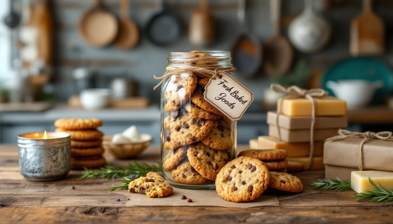 In a cozy rustic kitchen, a mason jar filled with homemade treats is prominently displayed, complete with a handwritten tag. Surrounding the jar are a tin candle, wrapped soap bars, and a small box tied with twine, creating a charming scene that embodies thoughtful handmade gift ideas.
