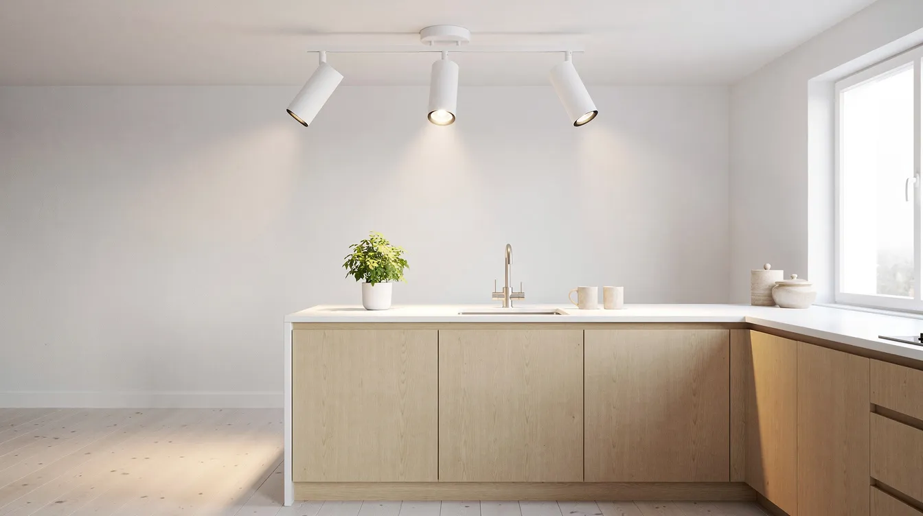 En takskena med tre riktbara spotlights hänger i ett ljust skandinaviskt kök, vilket skapar en funktionell och stilren belysning. De moderna taklamporna ger ett bra ljus för matlagning och ger rummet en trivsam atmosfär.