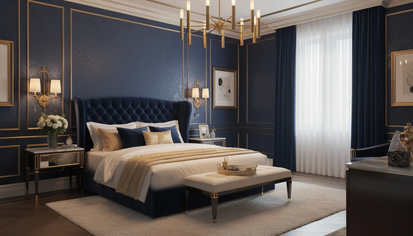 Ontdek het perfecte behang voor slaapkamer: stijl en sfeer creëren Een luxueuze slaapkamer met diepblauw behang en gouden accenten, versierd met geometrische patronen die een romantische sfeer creëren. De ruimte straalt een rustgevende sfeer uit en biedt een perfecte match voor een stijlvolle uitstraling.