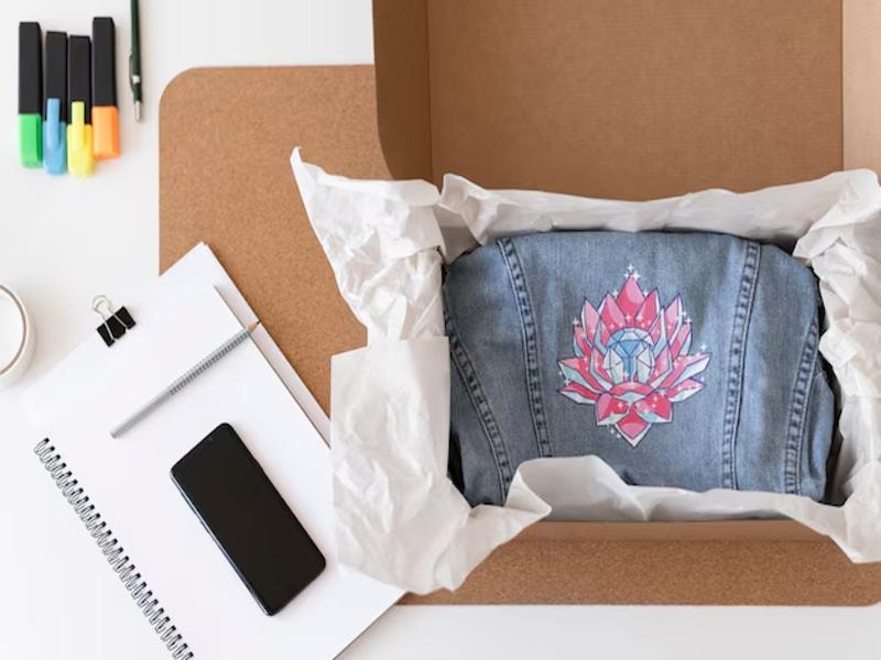 A box containing clothing, surrounded by markers in various colors, a writing pad, a pen, and a mobile phone, representing a creative or fashion-related workspace.