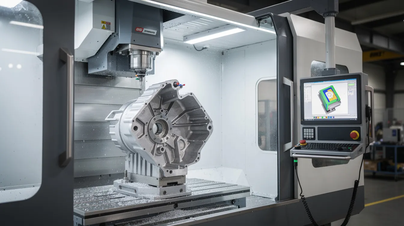 The image depicts a CNC machining center with 5-axis capability actively processing a precision aluminum die cast component, showcasing advanced technology in the die casting industry. The machine is designed for high precision die casting, ensuring excellent dimensional accuracy and tight tolerances in the production of aluminum die casting parts.