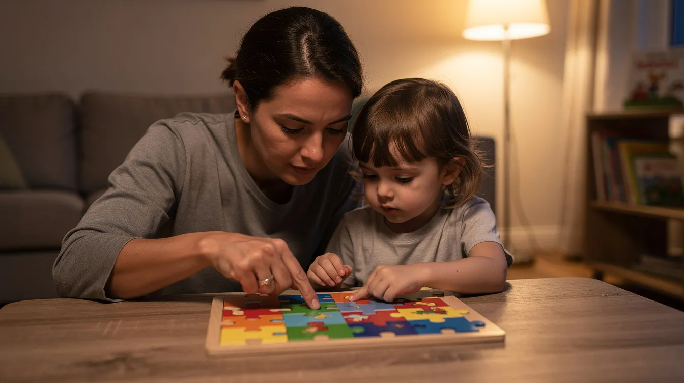 A parent and a young child sit together at a table, both focused on a simple puzzle in a calm, warmly lit room, fostering skills such as problem-solving and cognitive development. This supportive environment encourages the child's learning process and boosts their confidence and self-esteem.