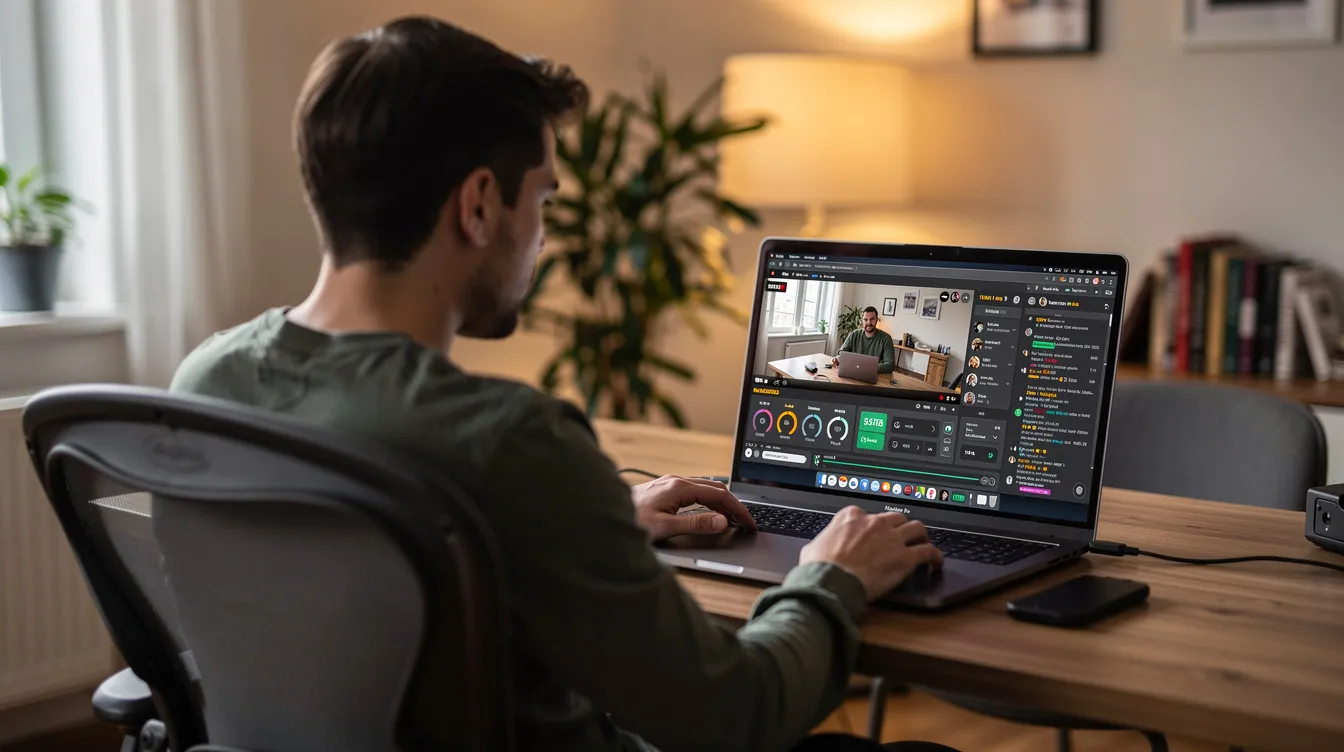 A person is sitting at a laptop in a home office, focused on a streaming dashboard that displays various IPTV reseller panel metrics and options. The screen highlights features related to managing IPTV subscriptions and customer accounts, suggesting a business model centered around IPTV reseller services.