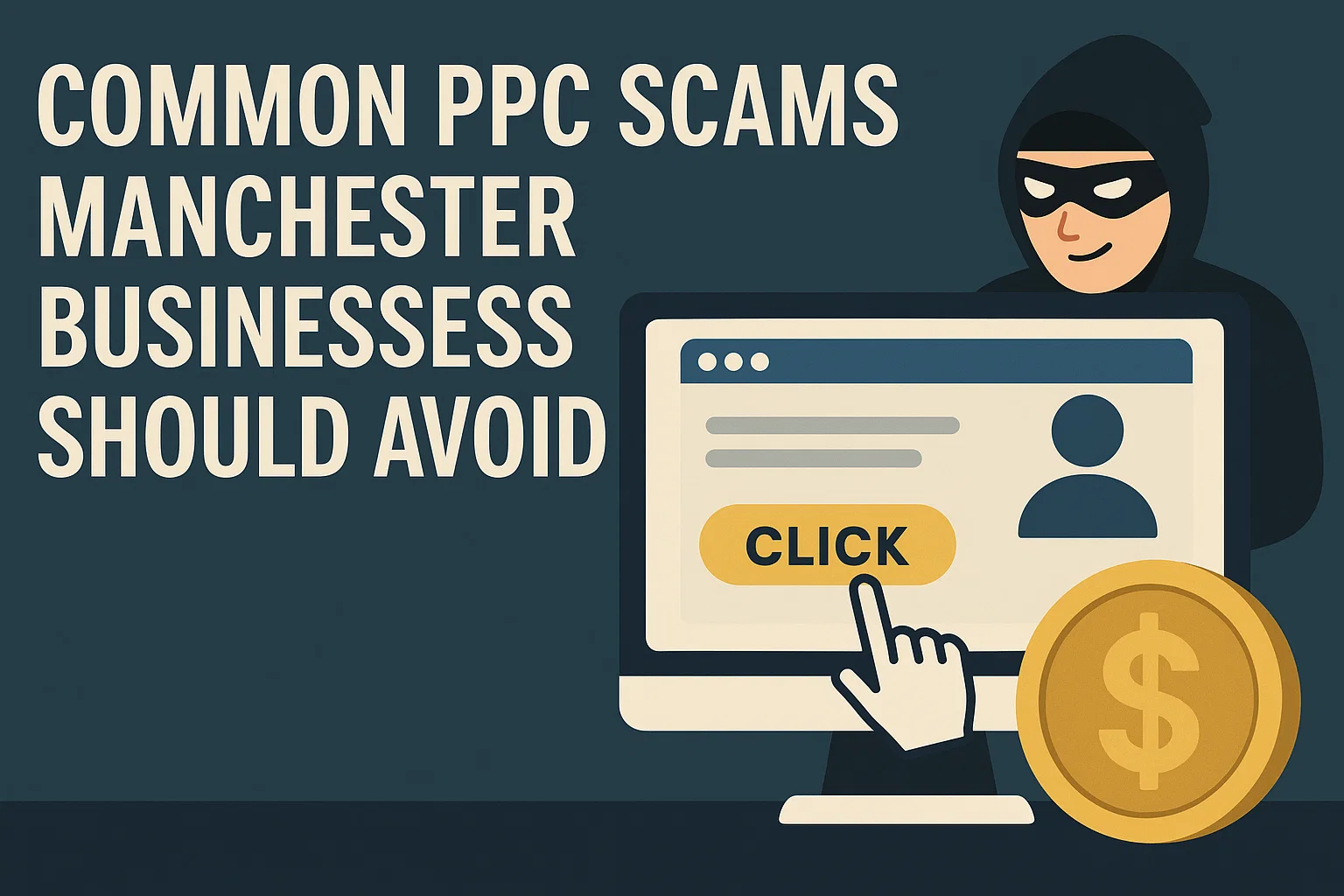 A picture of a burglar with text saying common ppc scams manchester businesses should avoid