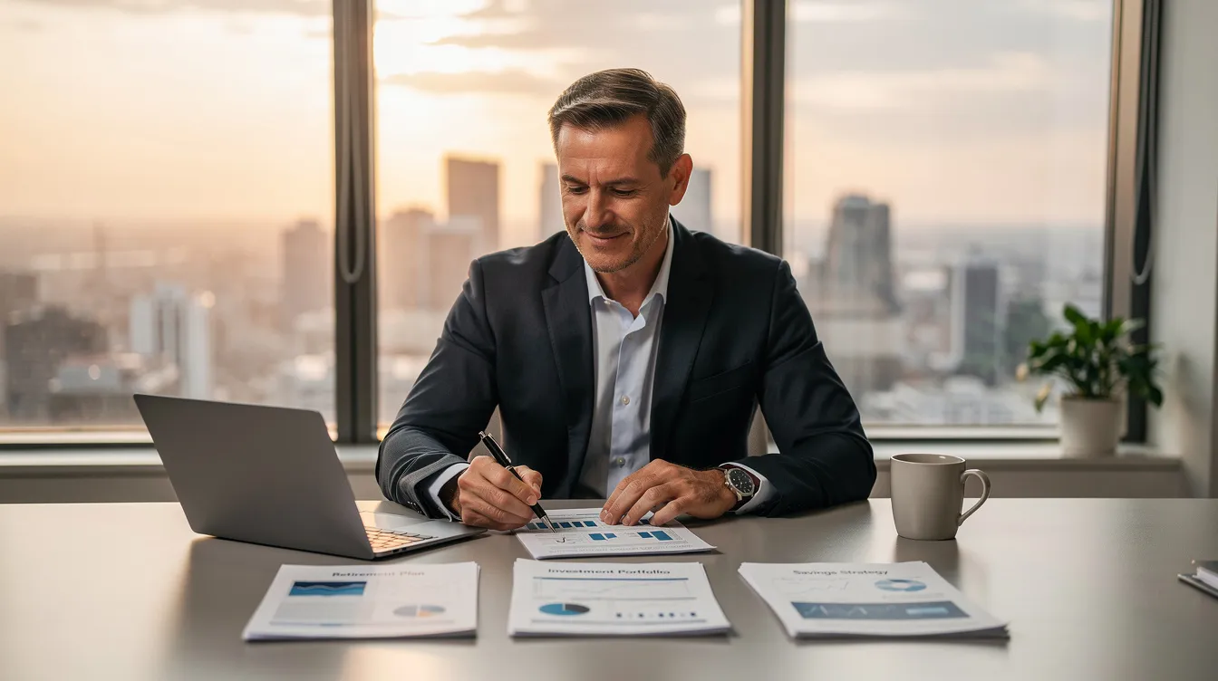 A confident business owner is sitting at a desk, reviewing important retirement planning documents that include details about cash balance plans and defined benefit plans. The scene reflects a focus on retirement savings strategies and the implications of plan assets and investment performance for their business's future.