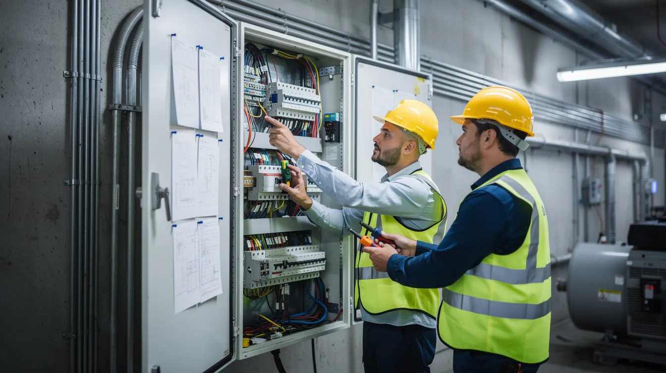 Two construction workers, both wearing hard hats, are collaborating on the installation of an electrical panel inside an industrial facility, showcasing teamwork in the construction industry. Their focus on safety and effective communication reflects the importance of workforce development and leadership readiness in successful construction projects.