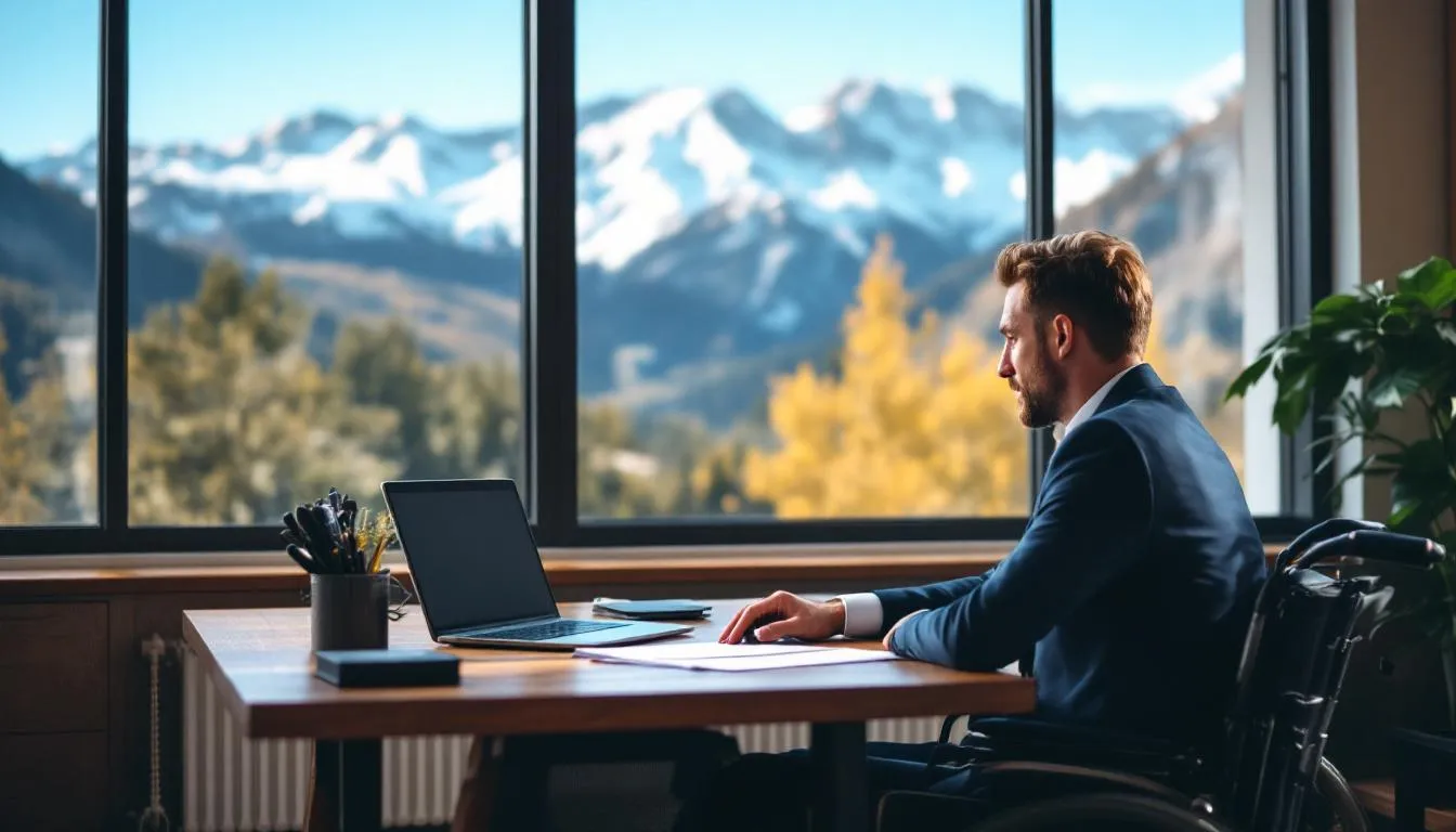An attorney in Colorado, with majestic mountains in the background, is assisting a client in navigating the social security disability claims process to secure disability benefits. The scene conveys a sense of professionalism and support in addressing the complexities of social security disability insurance.