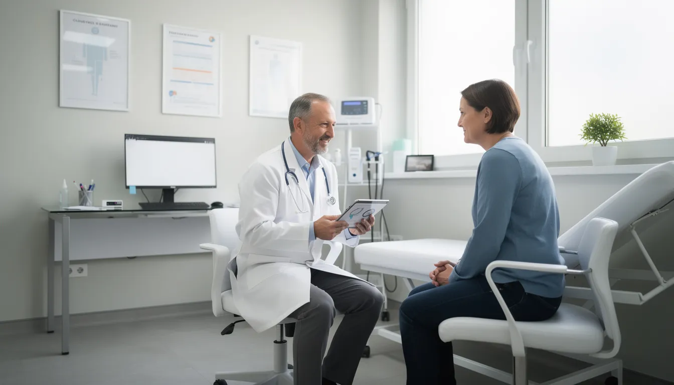 The image depicts a calm and professional medical consultation in a modern clinic, where a healthcare provider discusses a lung cancer diagnosis and treatment options with a patient. The setting conveys a sense of reassurance, emphasizing the importance of informed decisions and the potential for a second opinion appointment to explore comprehensive treatment plans.