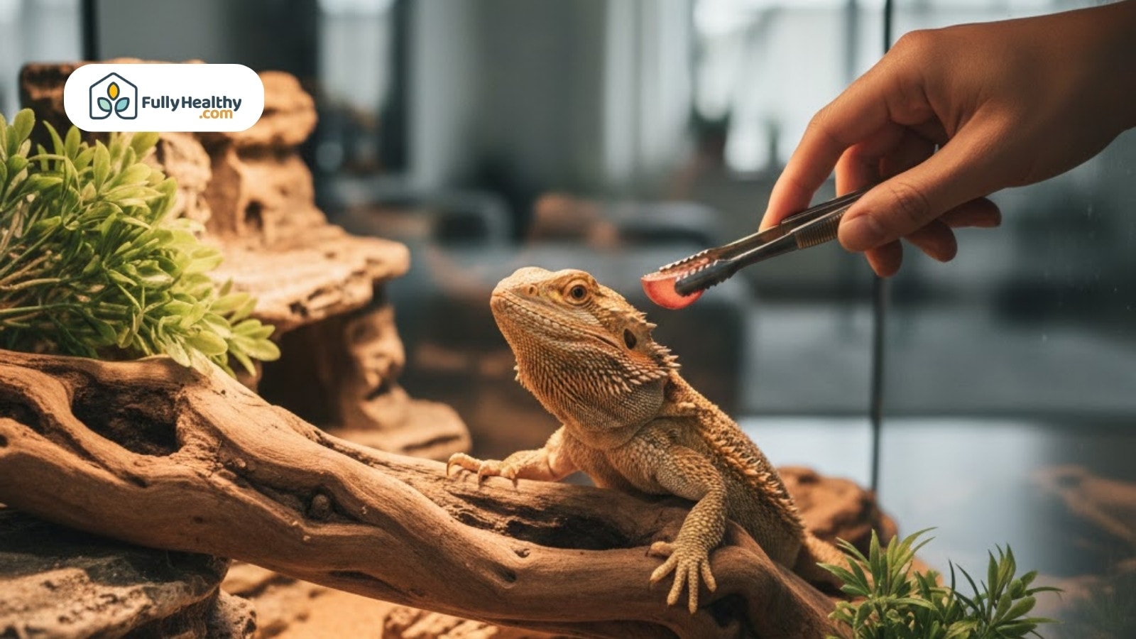 Bearded dragon being fed small fruit piece with tongs inside a terrarium