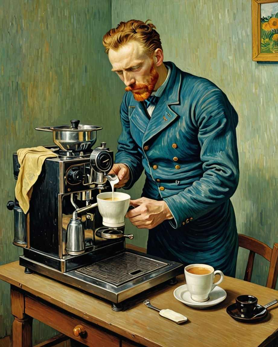 Cartoon of Vincent Van Gogh steaming milk from an espresso machine