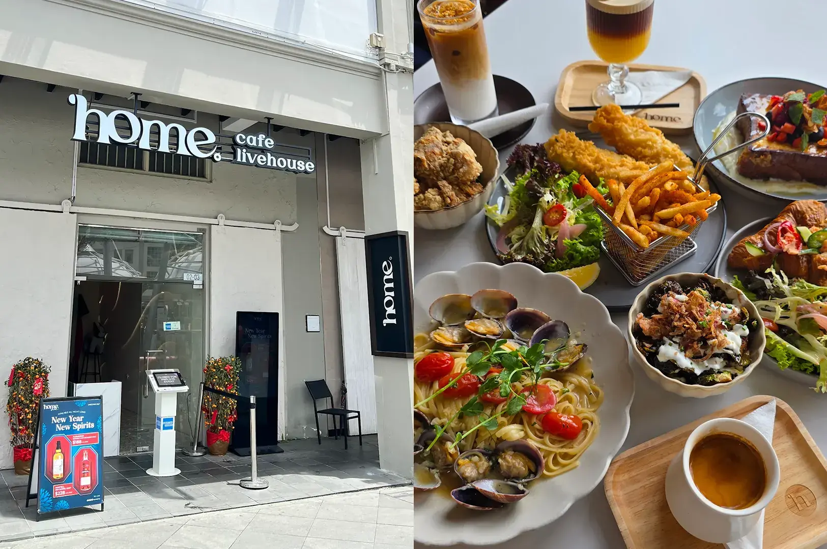 Home Cafe entrance and brunch spread.