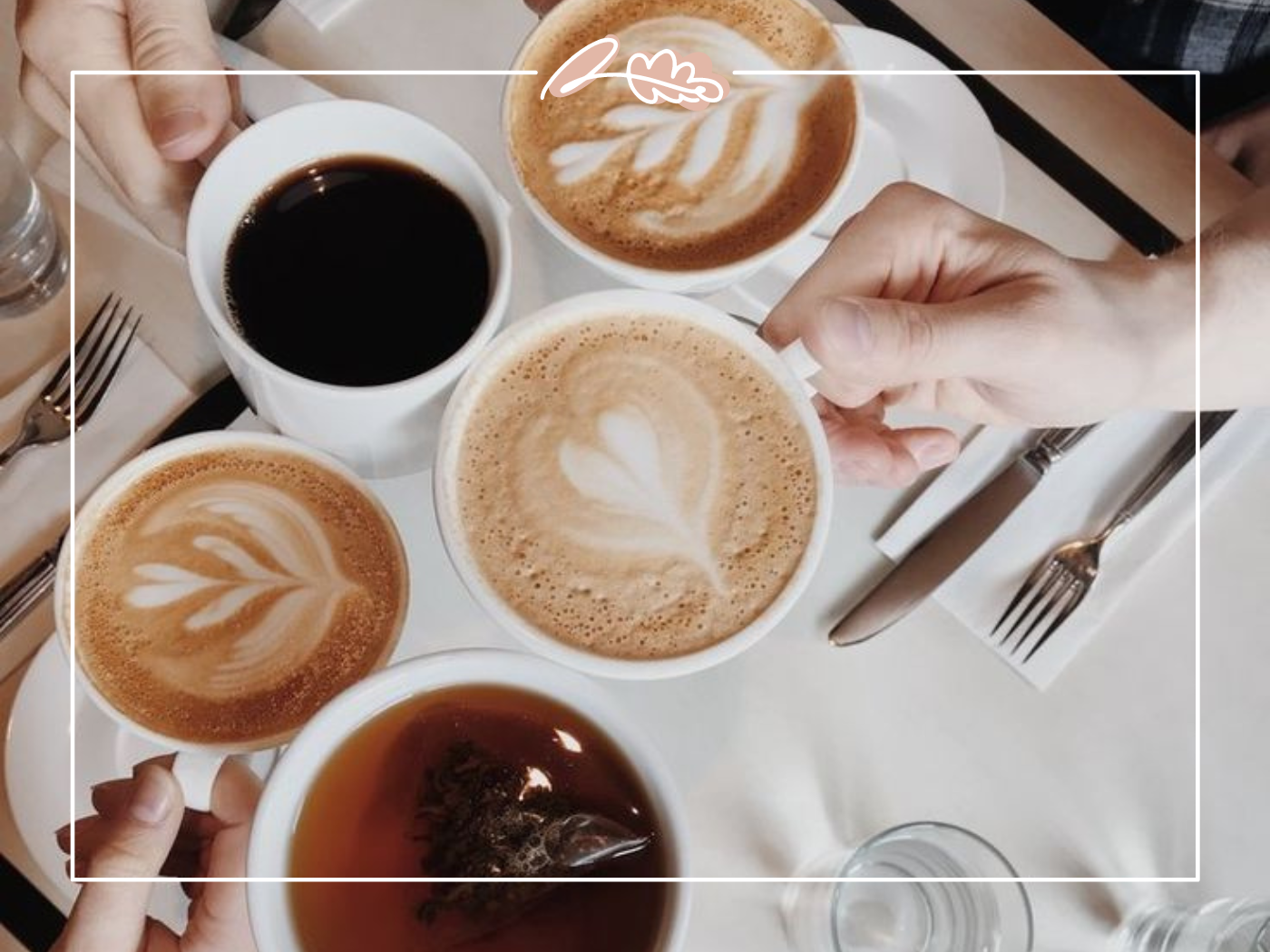 Hands reaching for different coffee cups with latte art and black coffee. Fabulous Flowers and Gifts