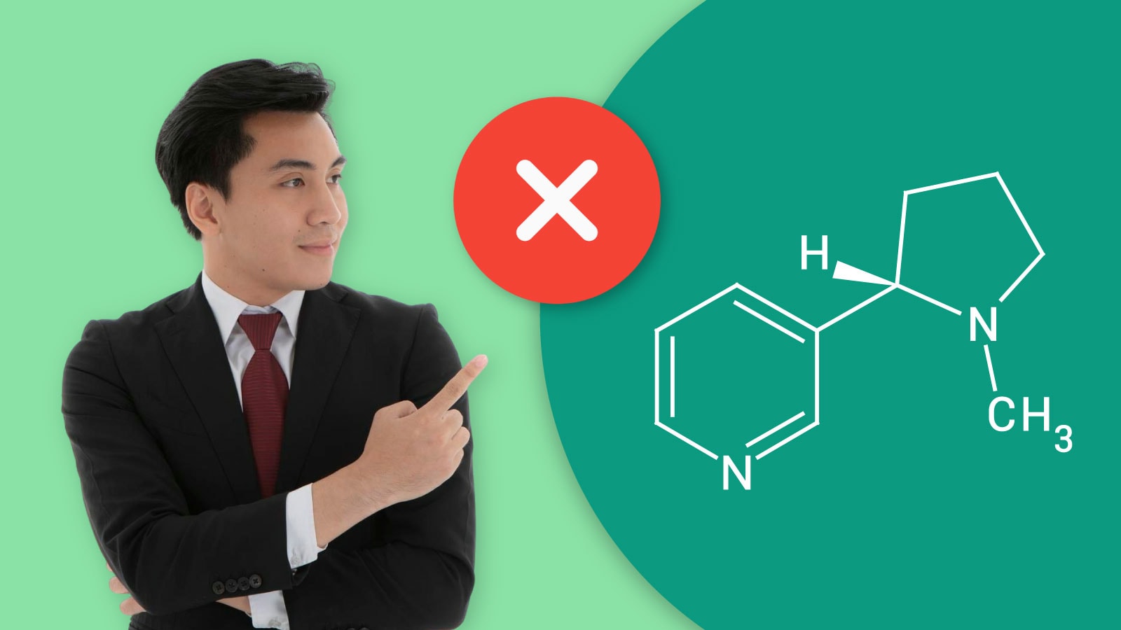 Pria berjas dengan tanda silang merah pada molekul nikotin — bahaya nikotin