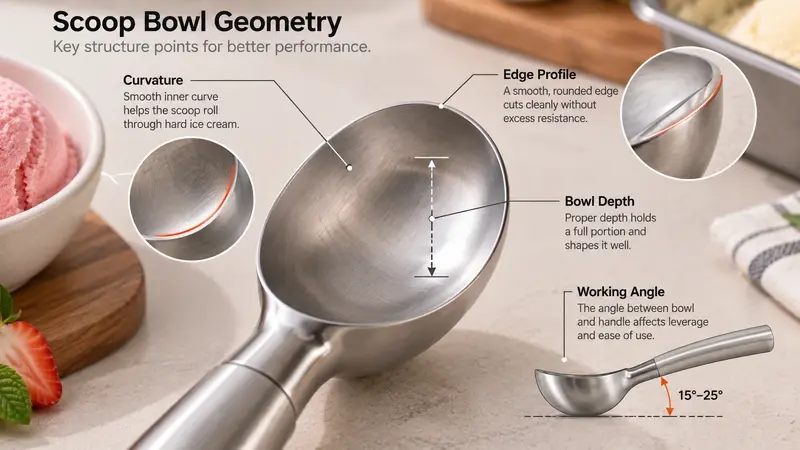 Ice cream scoop bowl curvature, edge profile, depth, and working angle evaluation points