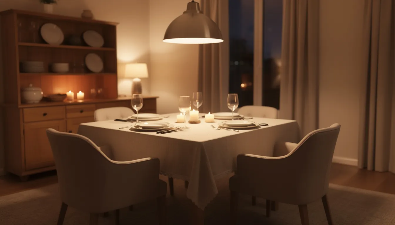 Een gezellig gedekte eettafel met stoelen staat centraal, sfeervol verlicht in een warme ambiance. Op de achtergrond is een buffetkast met glazen deuren subtiel zichtbaar, waar andere spullen kunnen worden opgeborgen, wat een uitnodigende uitstraling aan de eethoek geeft.