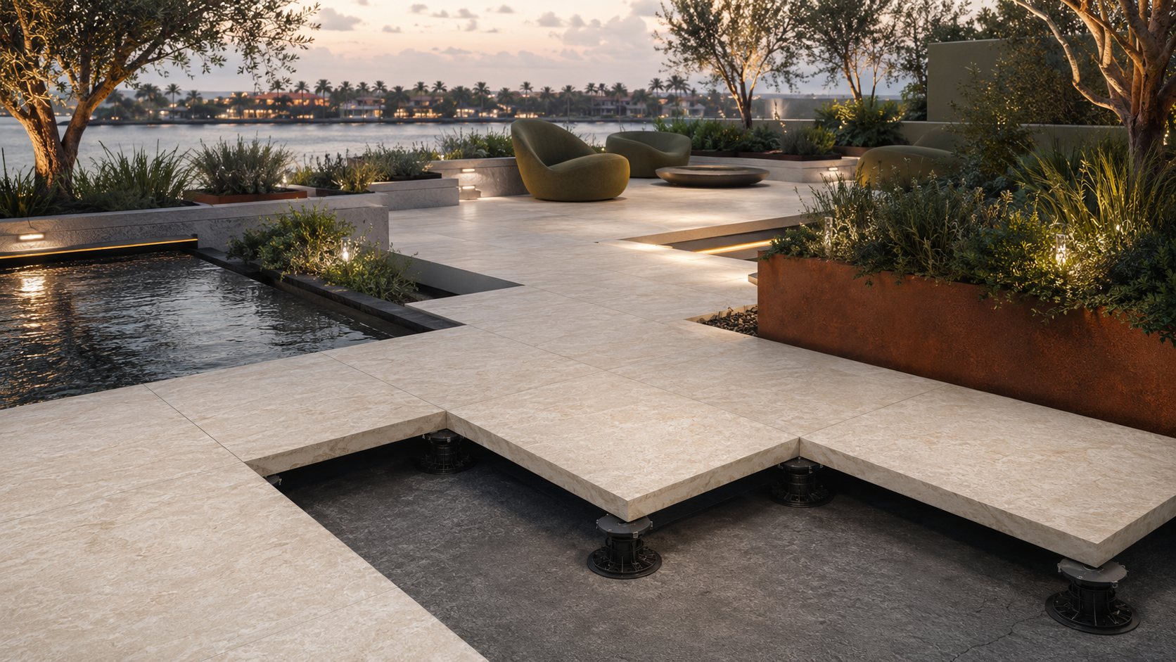 Raised outdoor porcelain pavers installed over a pedestal support and drainage system.