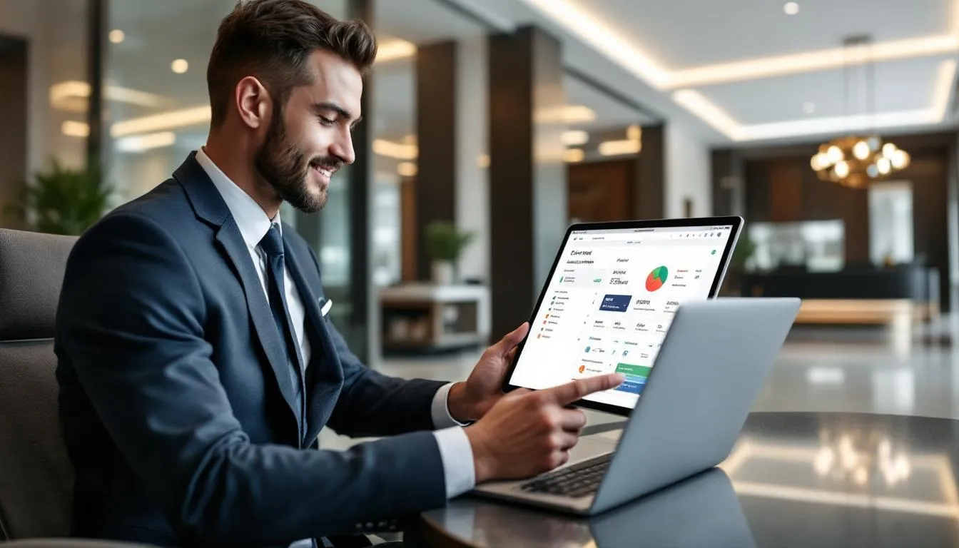 The image shows a hotel manager using a tablet to access Prostay's cloud-based property management system (PMS), efficiently managing reservations and financial transactions for a boutique hotel. The intuitive platform allows for real-time availability and guest communication, enhancing the overall operations of the hotel.
