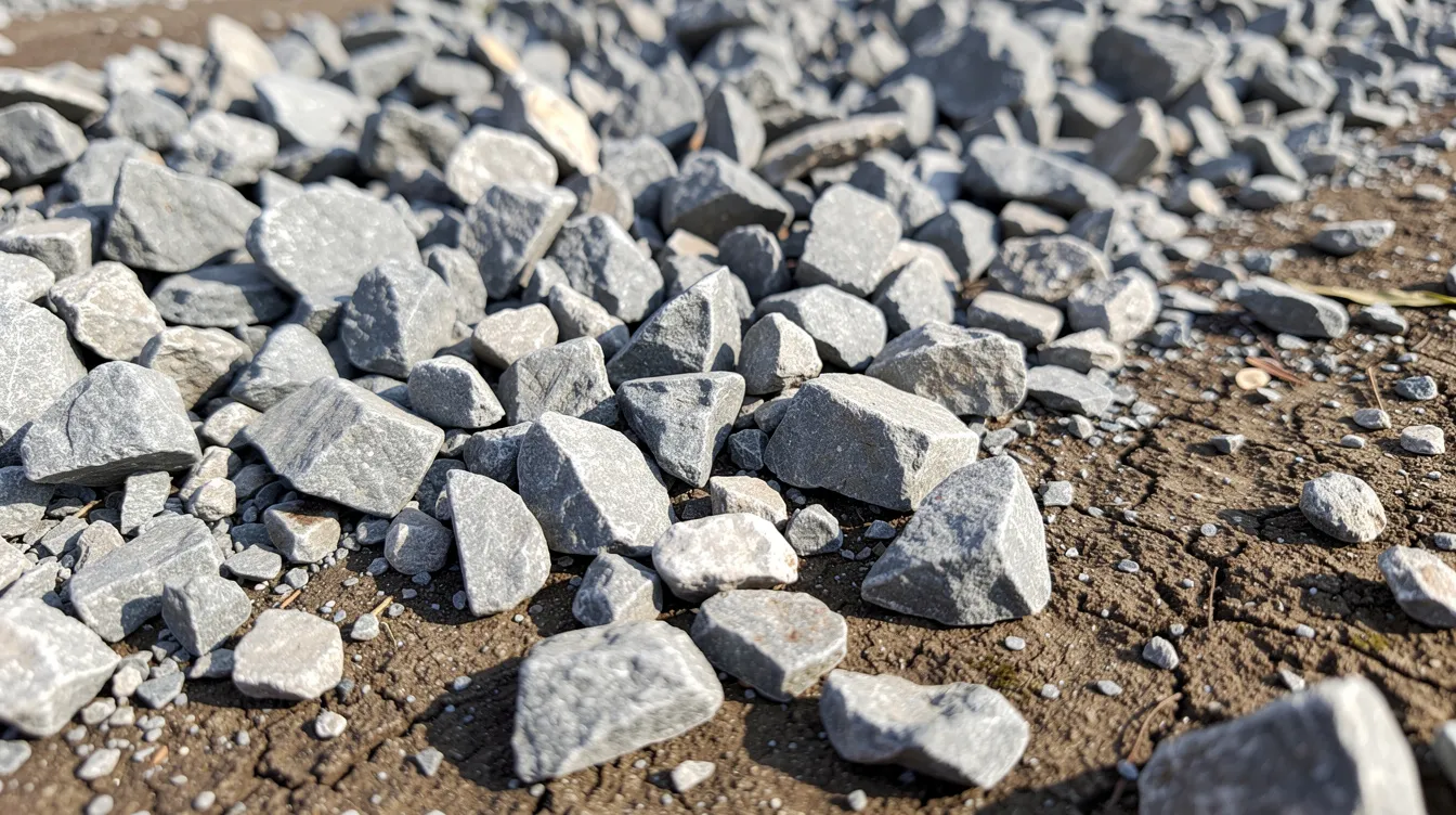 (57 Stone Rock) A close-up view of a pile of angular gray crushed stone aggregate pieces, commonly known as 57 stone, resting on bare ground. This coarse aggregate is often used in construction and landscaping projects, including drainage systems and retaining wall backfill.