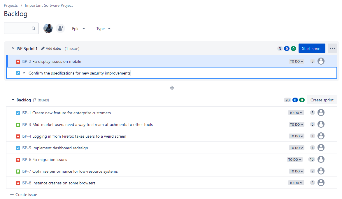 A screenshot of a new issue being added to a sprint in Jira.