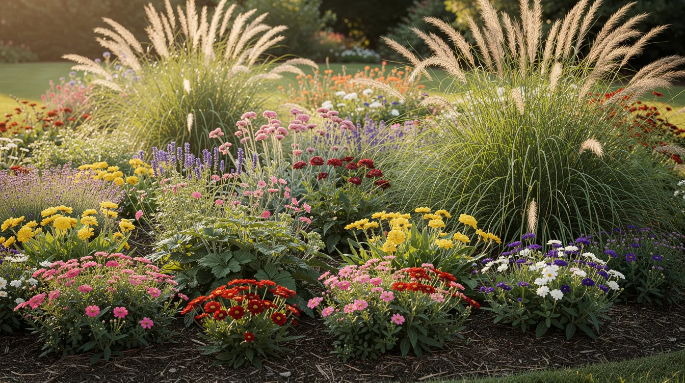 Ein Staudenbeet mit einer Vielfalt an bunten Blüten und Ziergräsern in unterschiedlichen Höhen schafft eine lebendige Gartengestaltung. Die Pflanzen, darunter Riesen Federgras und Lampenputzergras, verleihen dem Beet Struktur und Bewegung, während sie gleichzeitig bienenfreundlich sind.