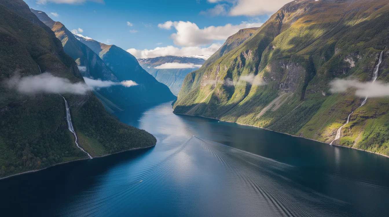 Eine Luftaufnahme zeigt eine dramatische Fjordlandschaft in Neuseeland mit steilen, grünen Bergen, Wasserfällen und ruhigem, blauem Wasser, das den Himmel reflektiert. Diese beeindruckende Szenerie könnte leicht als Kulisse für die Filme "Der Herr der Ringe" oder "Der Hobbit" von Peter Jackson dienen, die in der fantastischen Welt Mittelerde spielen.