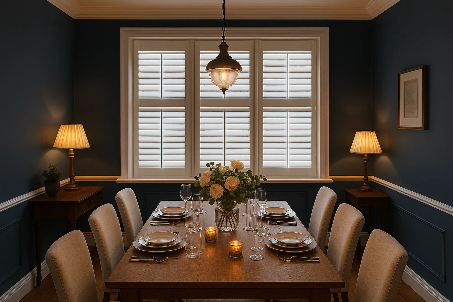 Deep blue painted walls with white plantation shutters in a UK dining room