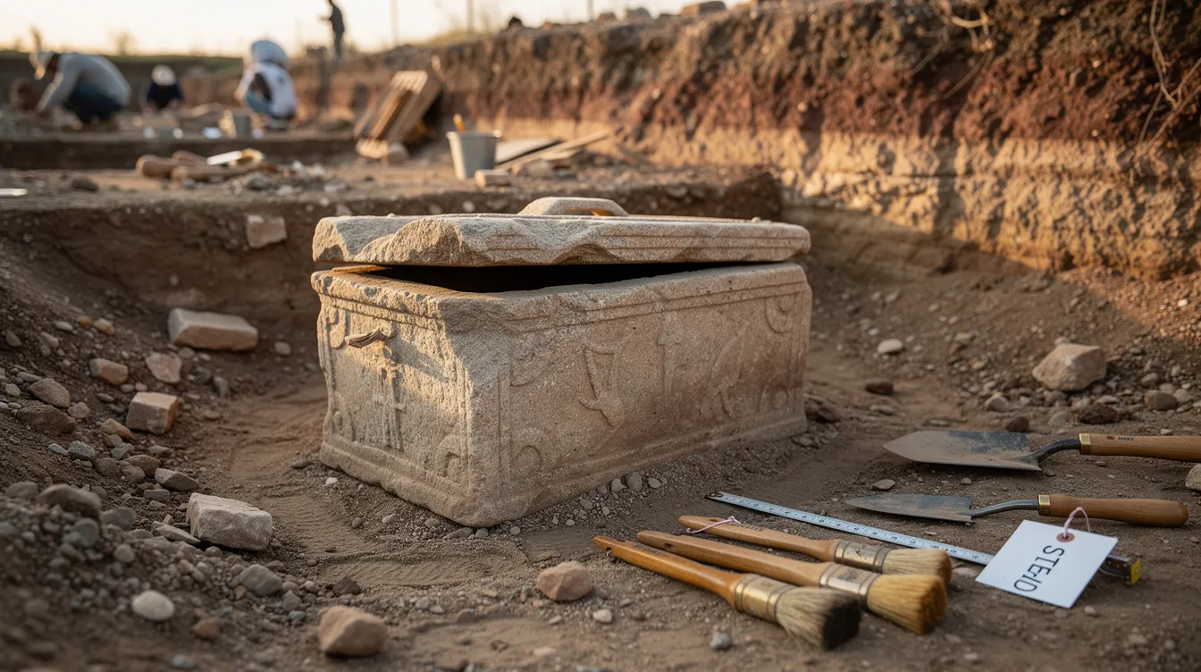 An ancient stone ossuary box is situated on sandy ground at an archaeological excavation site, surrounded by brushes and tools, hinting at the historical context of the Roman Empire and the practice of crucifixion during that era. This setting evokes the somber legacy of early Christians and the crucifixion of Jesus Christ, reflecting on the ancient world and its significant events.