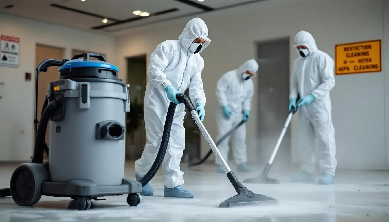 The image shows a commercial HEPA vacuum system alongside protective equipment, including rubber gloves and a disinfectant solution, used by professionals during pest waste cleanup. This setup is essential for safely removing rodent droppings and urine, minimizing health risks associated with major pest infestations.