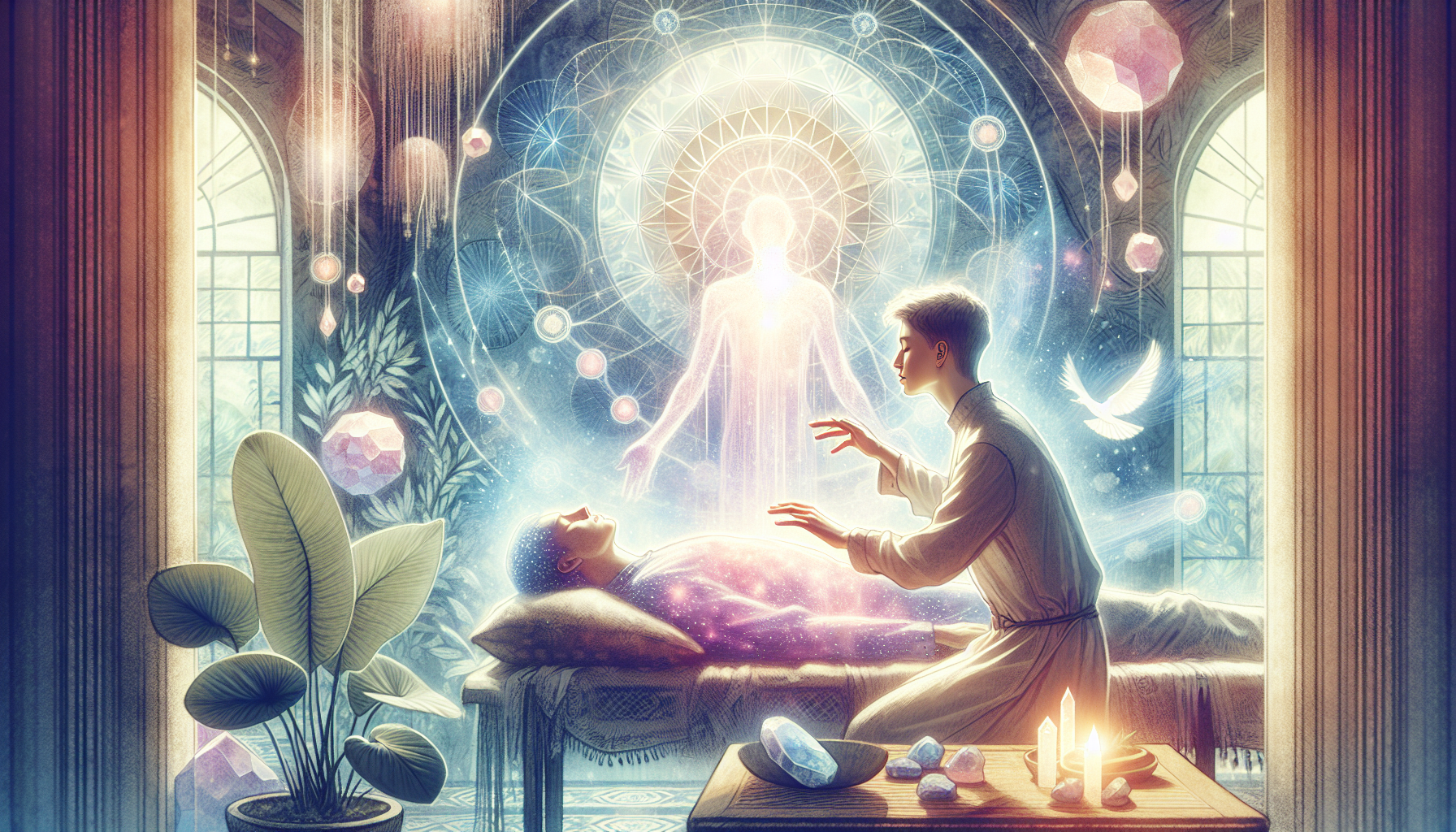 Illustration of a medical medium conducting an intuitive healing session