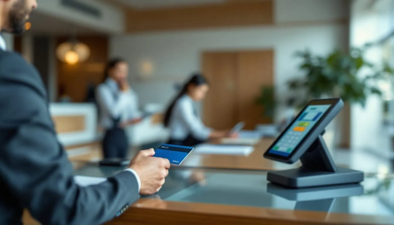 In the image, a hotel front desk features a staff member attentively processing a credit card transaction using a modern payment terminal, highlighting the importance of secure payment and refund policies in the hospitality industry. The scene reflects the vital role of hotel staff in managing guest payments and preventing chargebacks related to unauthorized transactions.