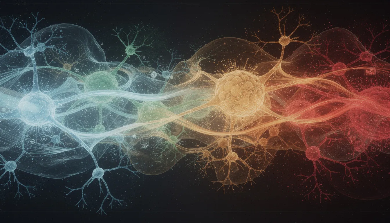 The image depicts an abstract visualization of interconnected biological networks, illustrating the flow of energy patterns among key tissues such as skeletal muscle, adipose tissue, and peripheral tissues. This dynamic representation highlights the importance of cellular health and inter tissue communication in the context of aging research and the NAD World 3.0 concept.