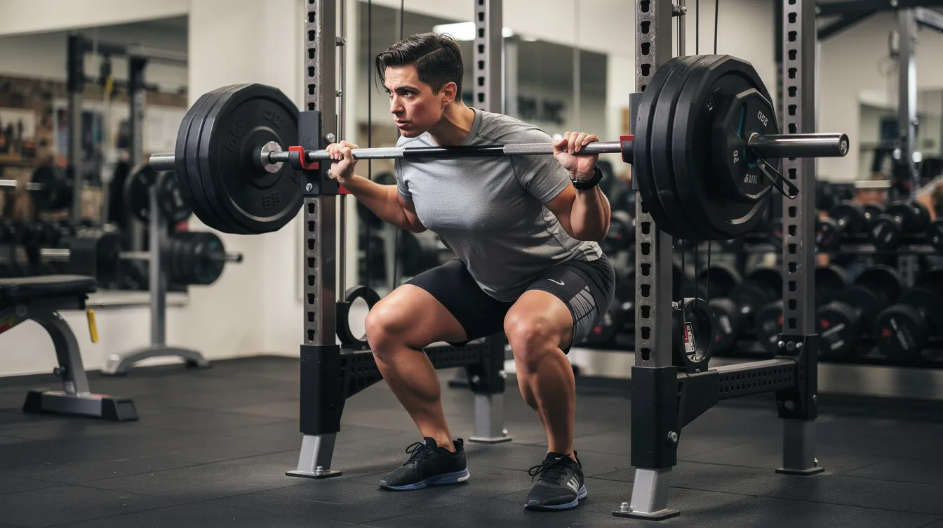 A person is performing a heavy barbell squat in a squat rack, demonstrating proper form to maximize muscle growth and strength. This exercise is essential for building lean muscle mass and enhancing overall physical performance.