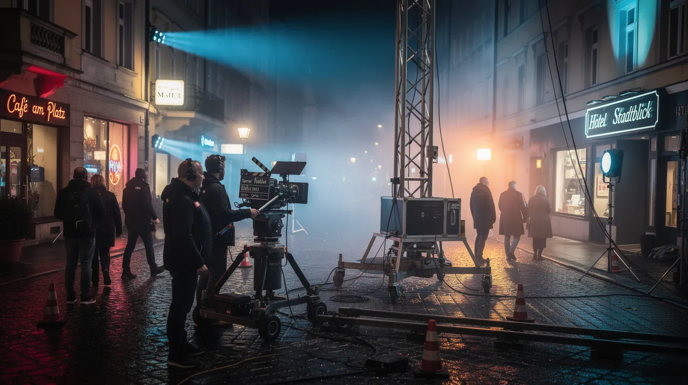 Die Aufnahme zeigt eine belebte europäische Großstadtstraße bei Nacht, beleuchtet von Filmlichtern und umgeben von Kameragerüsten, während Dreharbeiten für eine Fernsehproduktion stattfinden. Die Atmosphäre vermittelt das Gefühl eines dramatischen Moments, der für eine neue Episode einer beliebten Serie festgehalten wird.