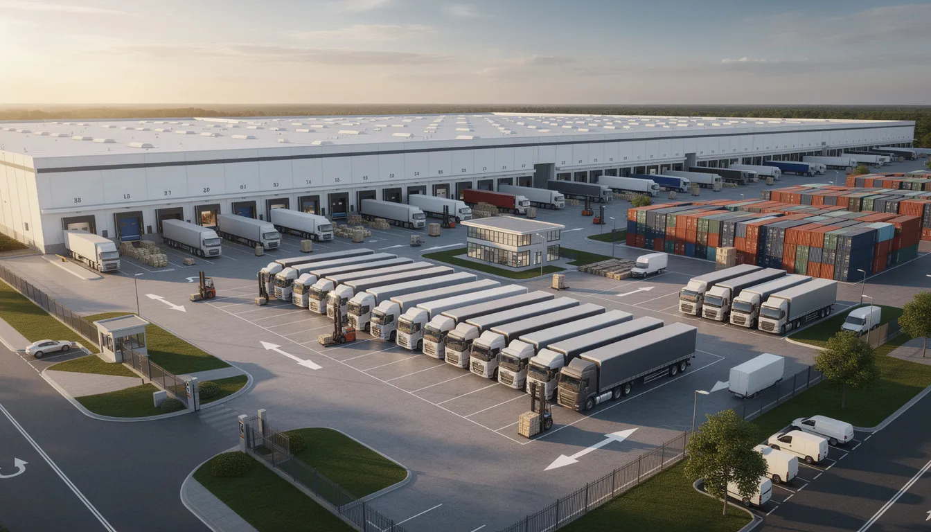 The image depicts a bustling logistics and storage facility, showcasing various exhibition stands and materials organized for upcoming trade shows. Experienced exhibition stand contractors are seen preparing custom displays, ensuring high-quality service and effective booth design to create a lasting impression on potential clients.