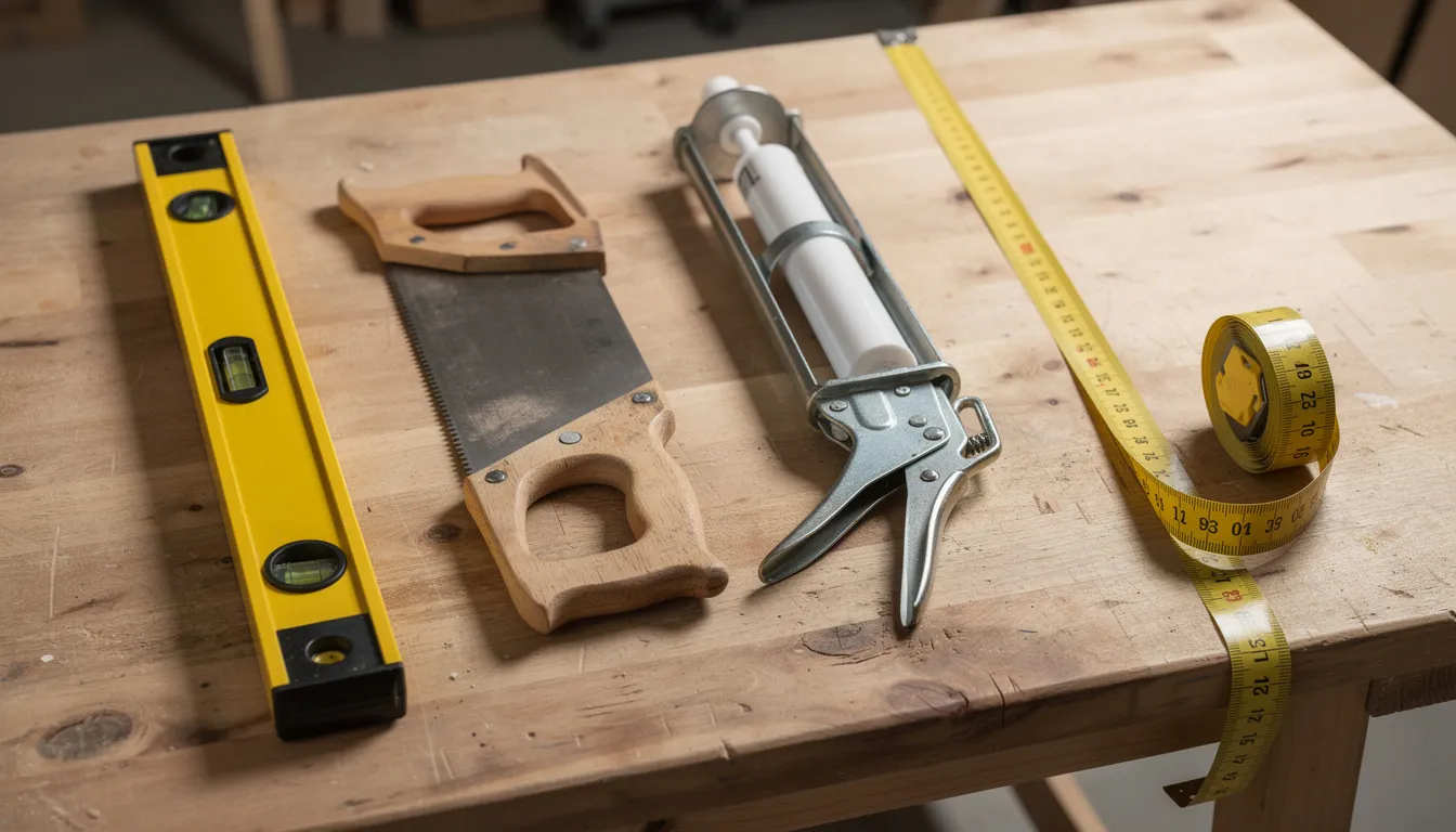 Op de werkbank ligt een assortiment gereedschap uitgestald, waaronder een waterpas, een zaag, een kitpistool en een meetlint. Dit gereedschap is essentieel voor het monteren van wandpanelen en zorgt voor een nette afwerking en een strak resultaat.