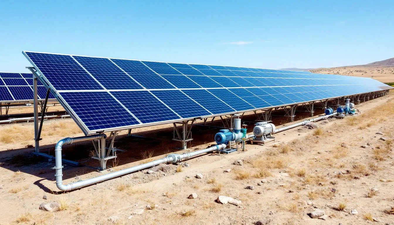 The image depicts a high-efficiency solar panel array mounted on a structure, which is powering agricultural water pumping equipment, showcasing the benefits of solar power for reliable operation of solar water pumps. This system emphasizes the use of clean energy to access water for irrigation and other agricultural needs.