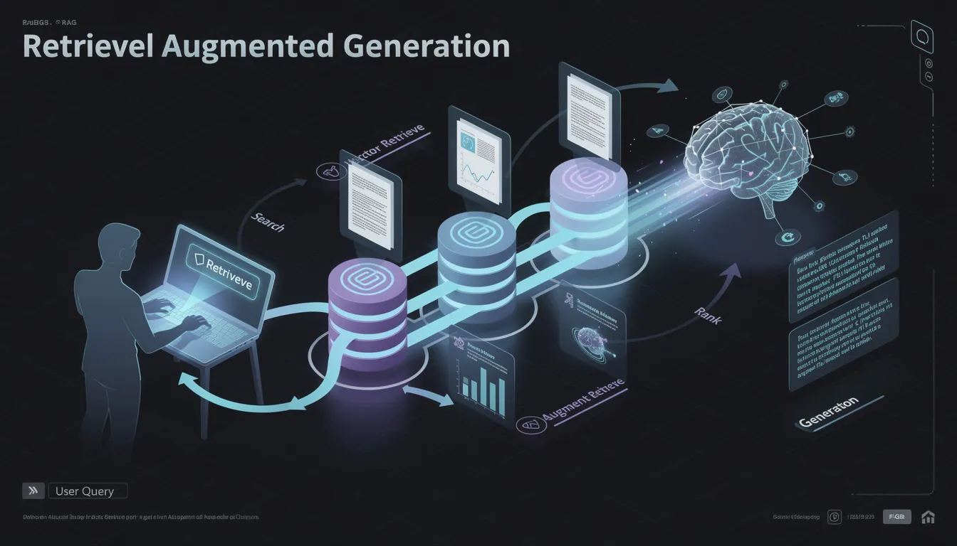 The image illustrates the process of Retrieval Augmented Generation (RAG), showcasing how large language models integrate information retrieval with generative AI to enhance response quality by utilizing relevant documents and external knowledge sources. This workflow includes user queries, vector databases, and hybrid search methods to generate accurate answers for knowledge-intensive tasks.