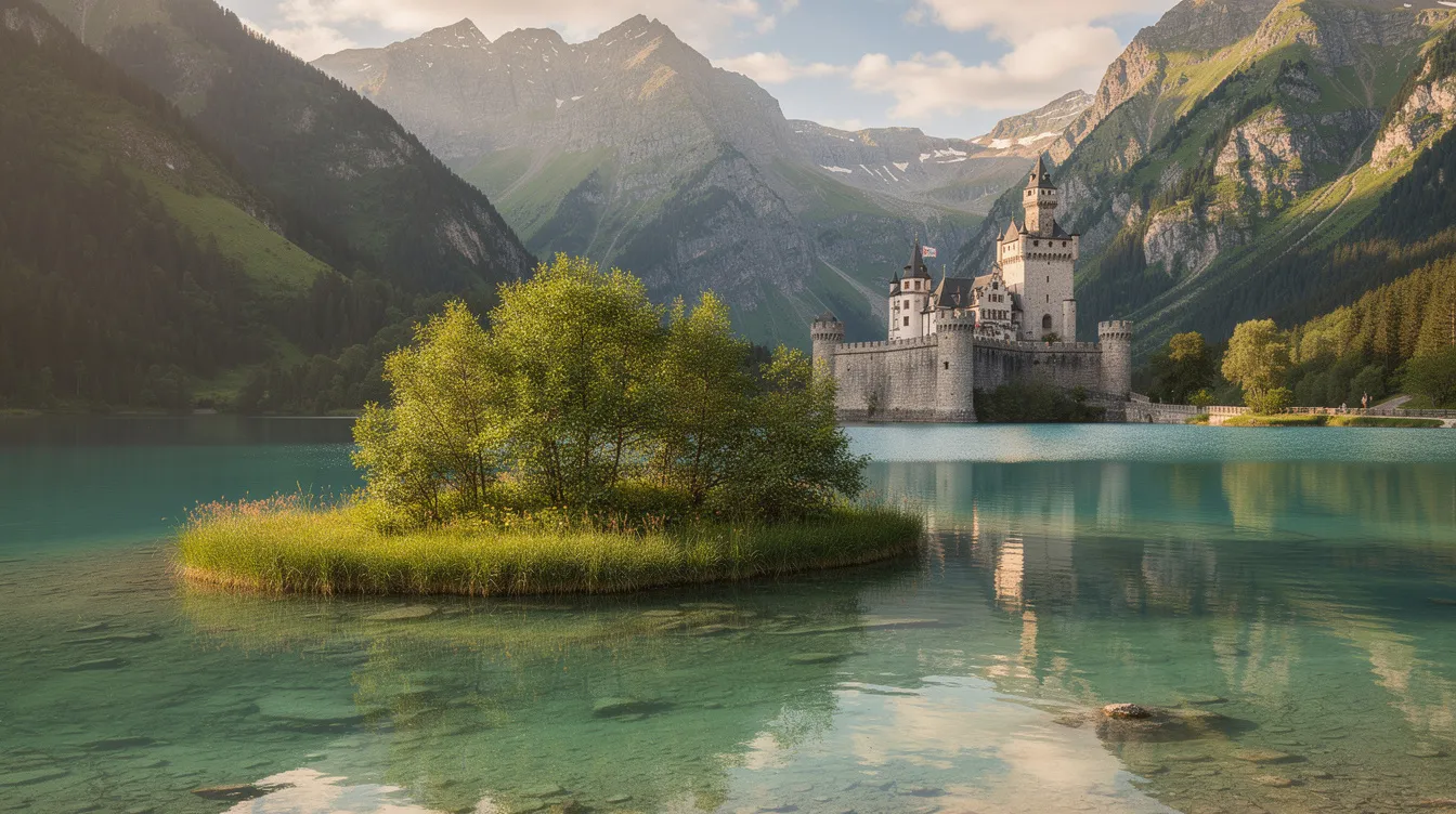 Imagem de um lago alpino sereno com uma ilha central, cercado por montanhas verdes exuberantes, enquanto ao fundo se destaca um castelo medieval. A paisagem reflete a beleza natural e histórica da região, possivelmente associada à Croácia e seus Alpes Dináricos.