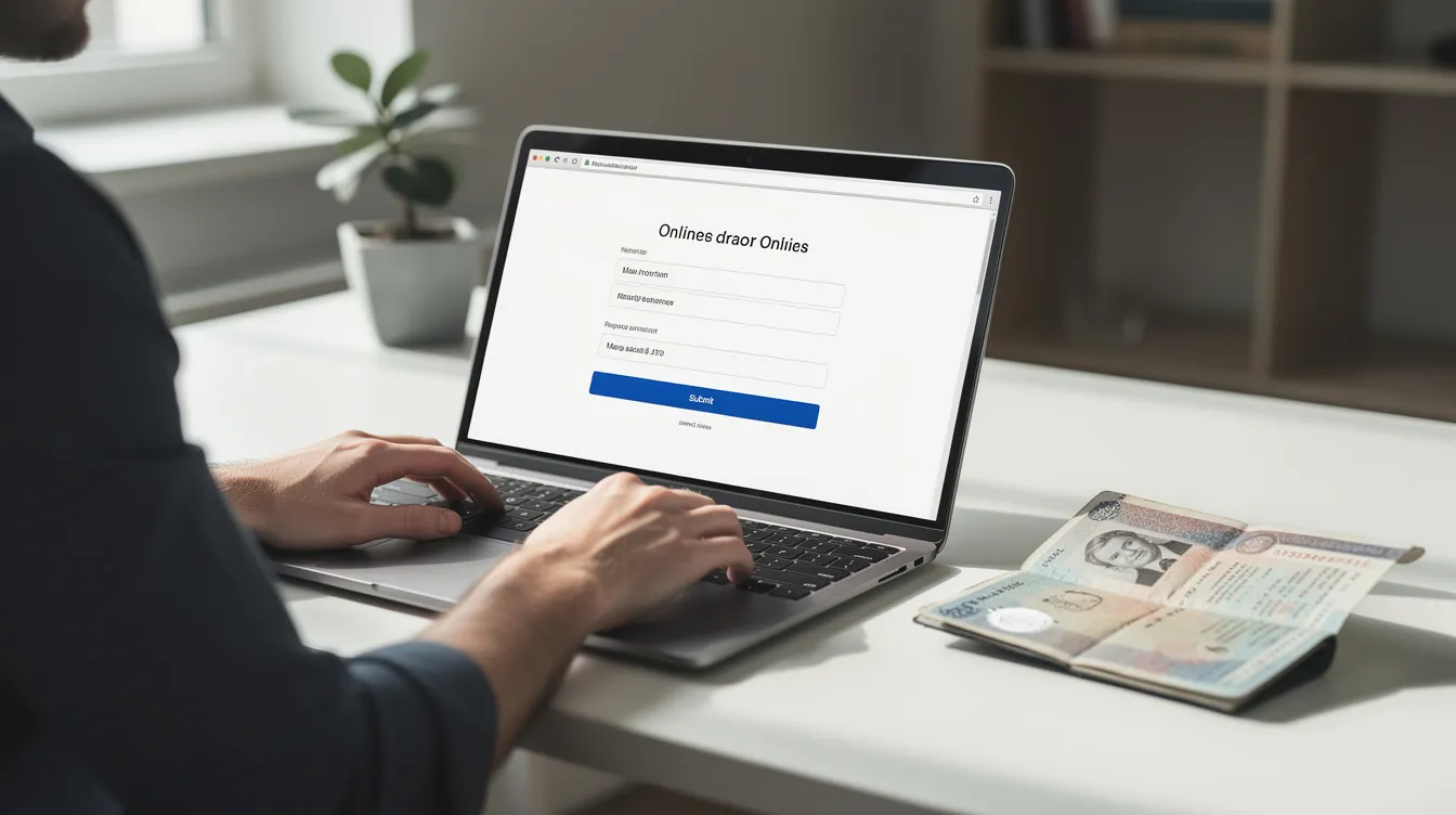 The image shows a person sitting at a laptop, focused on filling out an online visa application form, with a passport placed on the table beside them. This scene suggests they may be in the process of applying for a UK family visa, potentially gathering necessary supporting documents and financial evidence for their application.